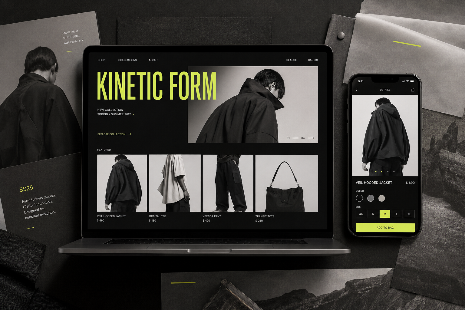 Kinetic Form fashion website and campaign concept
